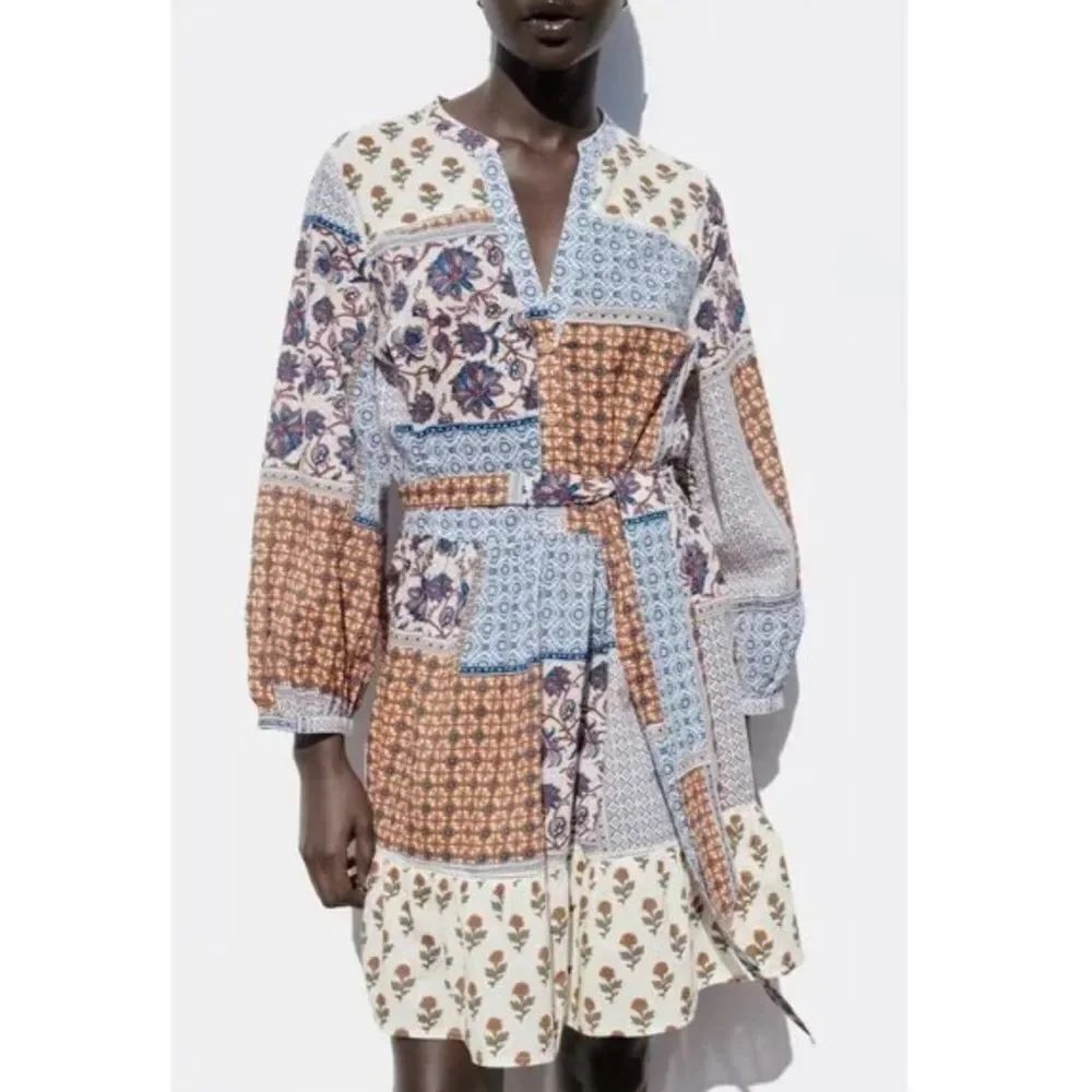 Zara Patchwork Belted Shirt Dress Women’s XS